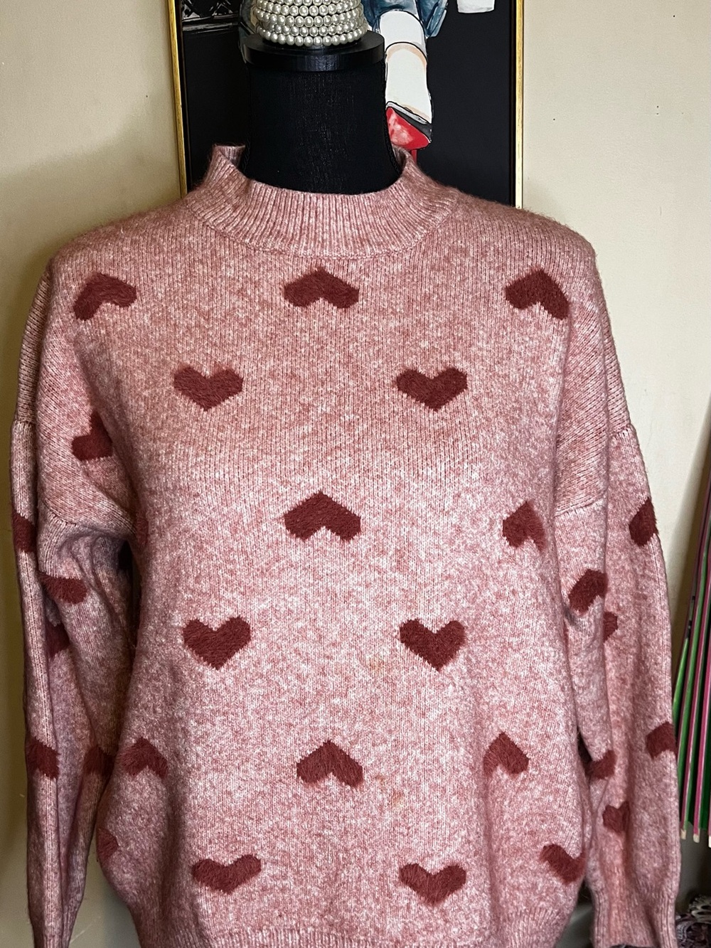 Cozy Pink Heart Pattern Crewneck Sweater - Women's